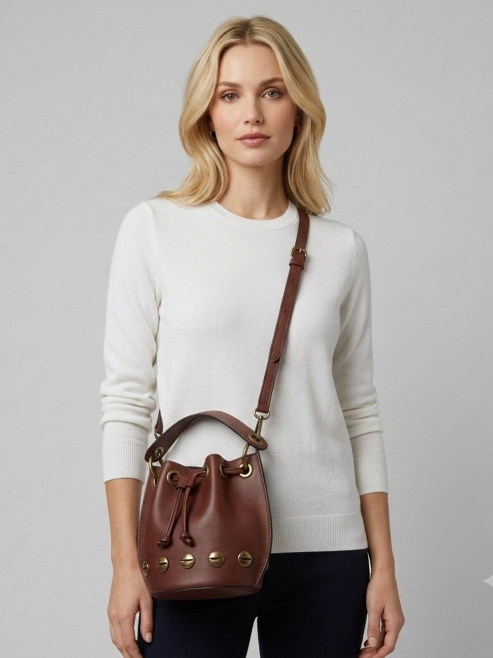 Stella Bianca Brown Italian Leather Brass Studded Drawcord Bucket Crossbody Bag